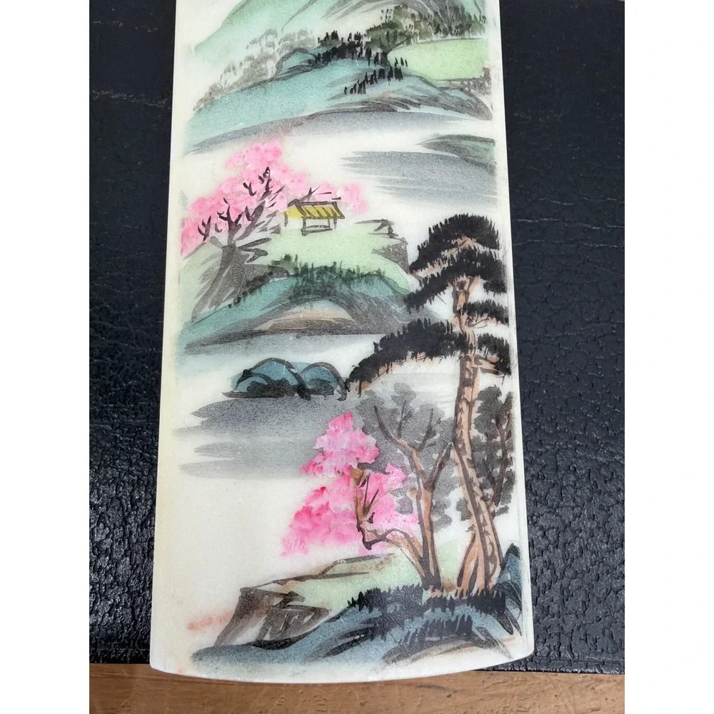 Chinese Hand Painted Marble Landscape Slab Mountain Cherry‎ Blossom Decor 6.5in